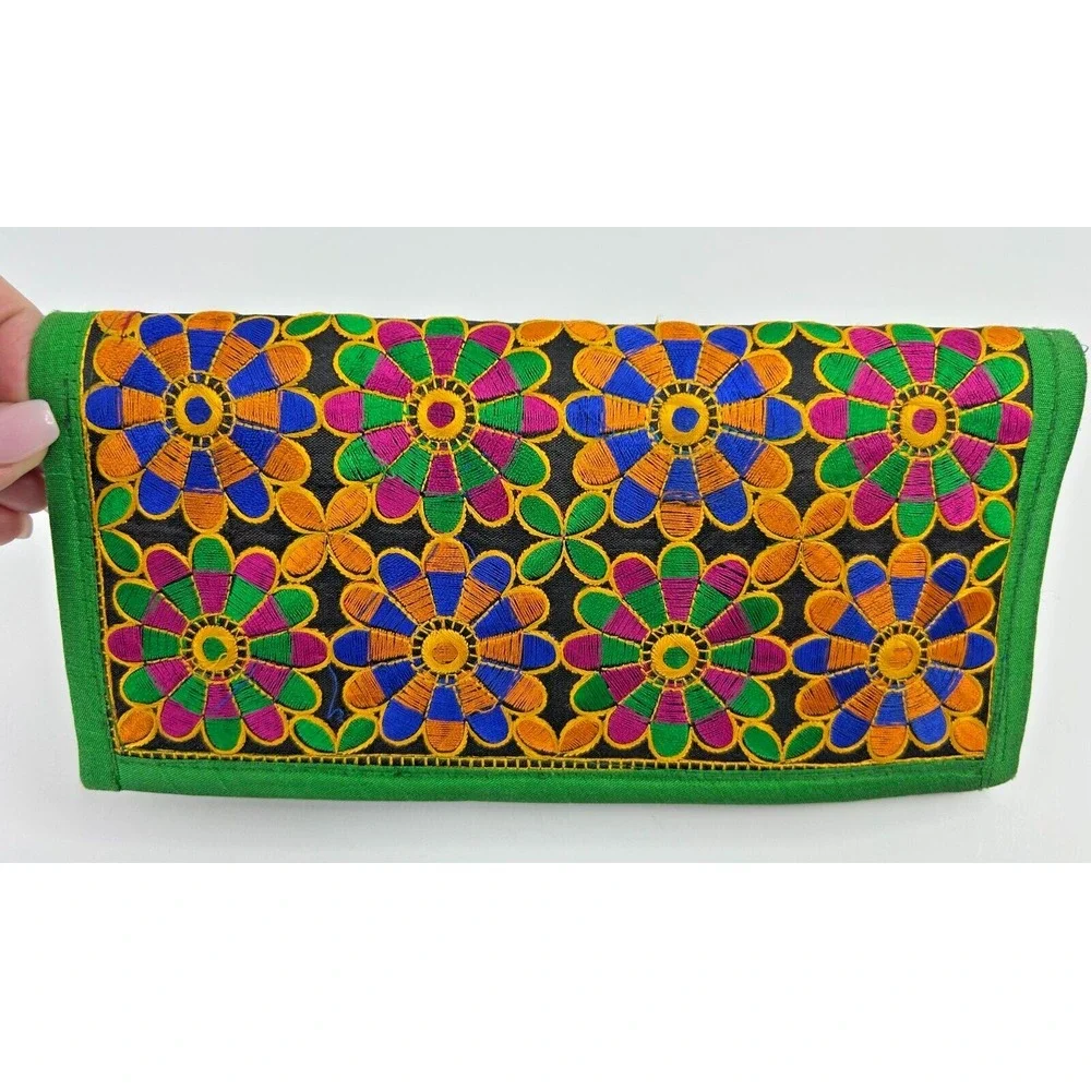 Indian Needlepoint/Embroidered Silk Wallet Clutch Floral 6 Pockets Phone Fits A+
